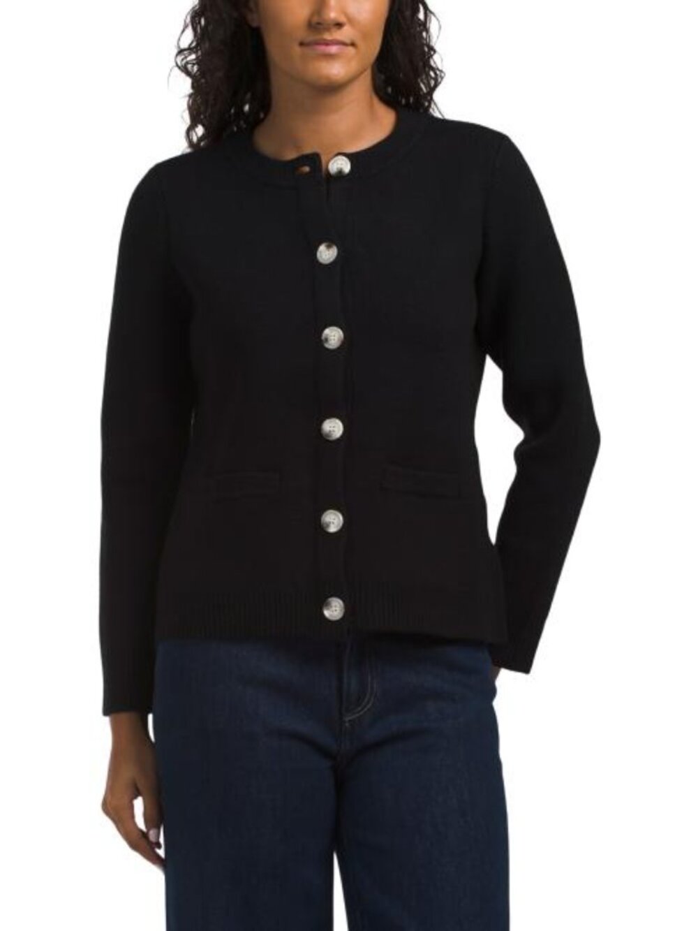 METRIC KNITS Crew Neck Fitted Long Sleeve Cardigan With Front Pockets